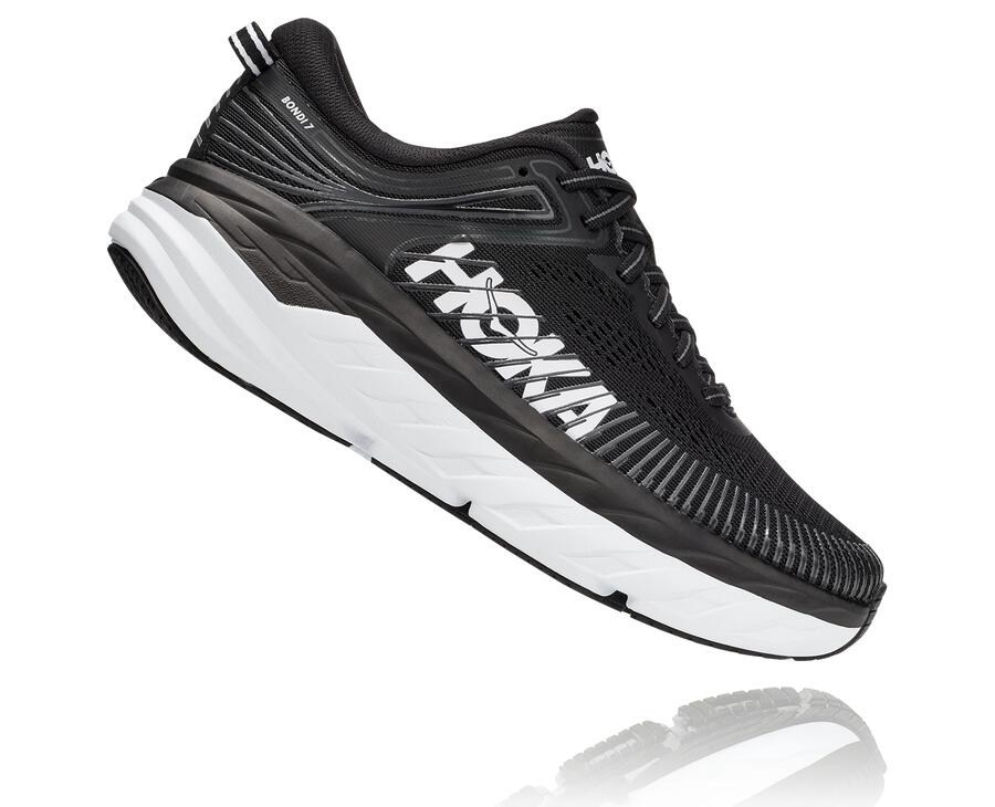 Hoka One One Womens Running Shoes - Bondi 7 - Black/White - HBMI19856